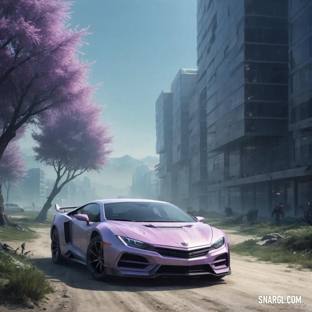 Pink car parked on a dirt road in front of tall buildings and trees with purple flowers on them. Color CMYK 31,13,0,53.