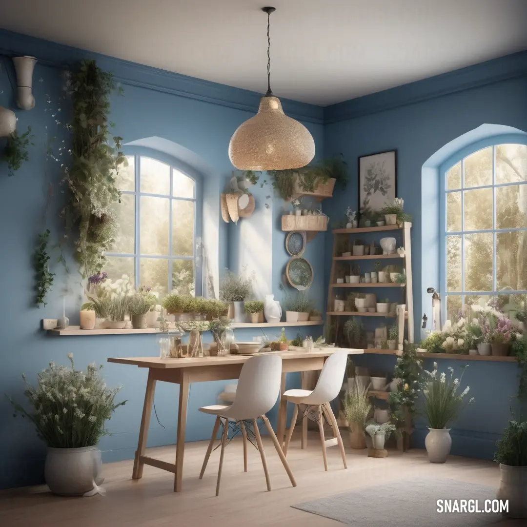 Room with a table and chairs and potted plants on the wall and a window with a view. Color CMYK 31,13,0,53.