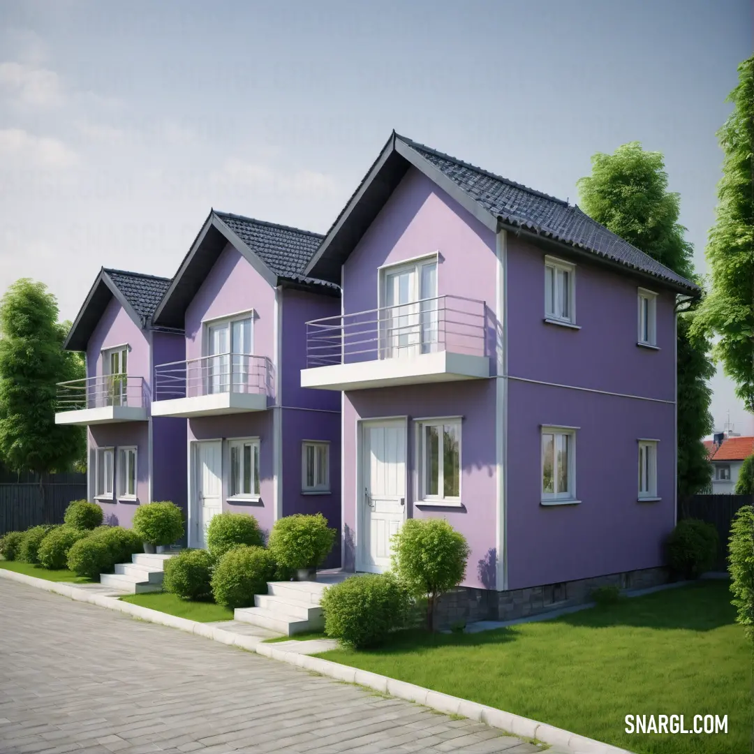 Row of purple houses with white windows and balconies on each of them. Example of CMYK 31,13,0,53 color.