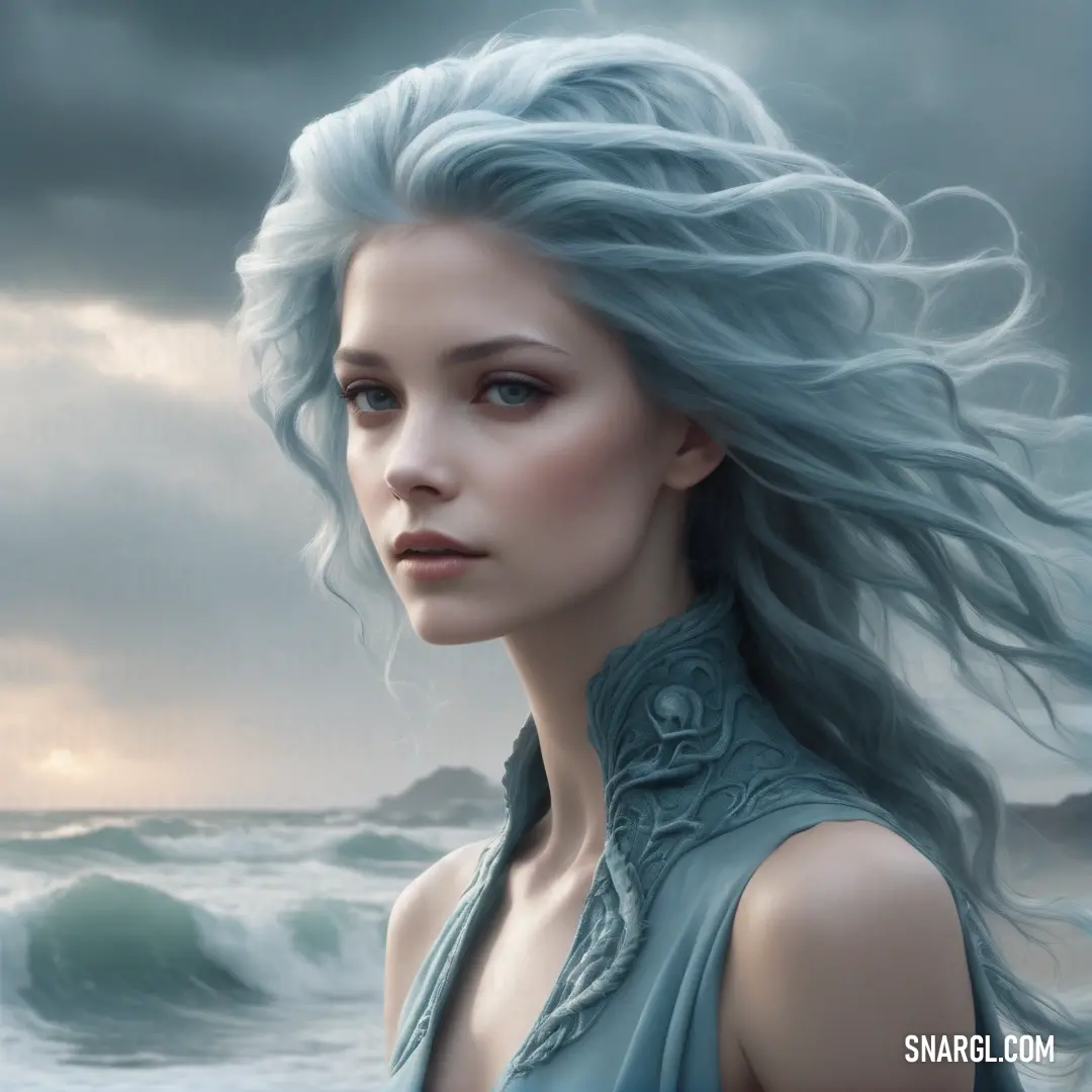 Woman with blue hair standing in front of a body of water with a storm in the background. Example of #536878 color.