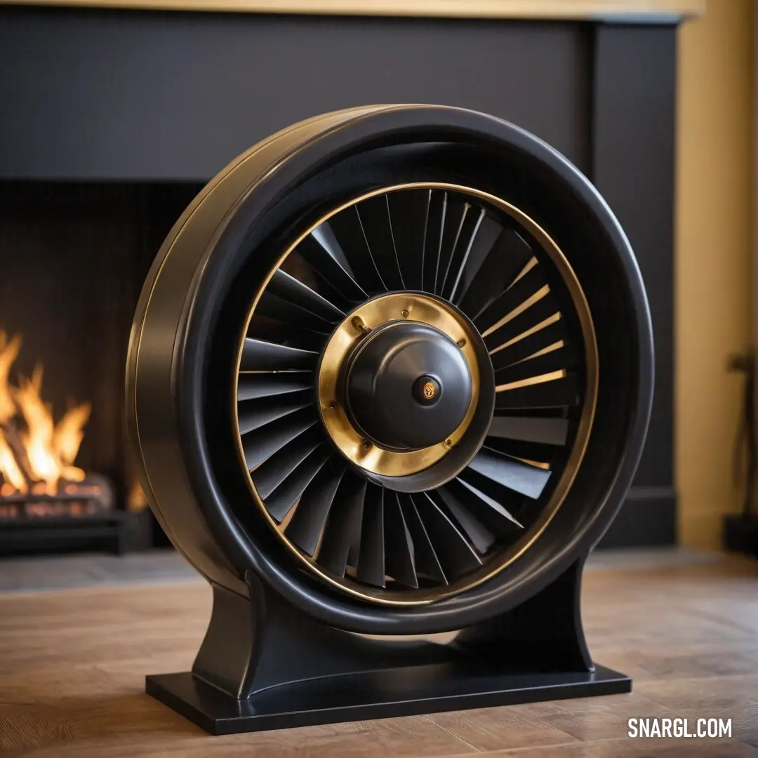 An elegant black and gold fan elegantly positioned on a wooden floor, beside a cozy fireplace, perfectly complementing the warm ambiance of its inviting fireplace area.