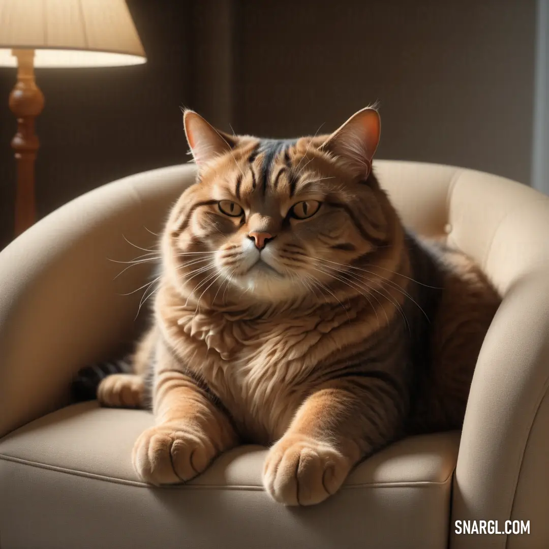 Cat on a chair with a lamp in the background and a lamp on the floor behind it. Example of CMYK 0,15,27,0 color.