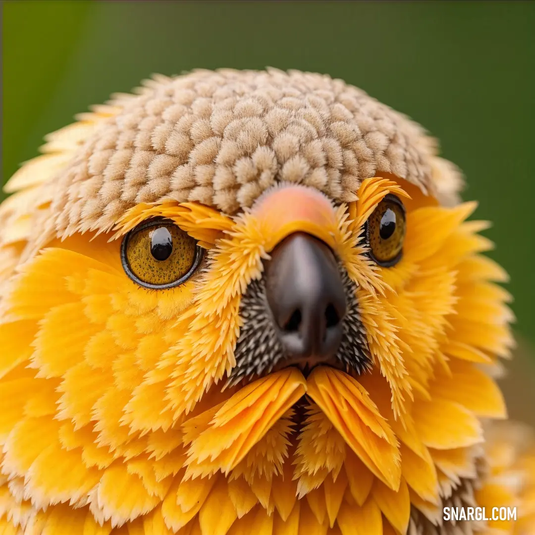 Close up of a yellow bird with a black beak and yellow eyes and a brown head and a green background