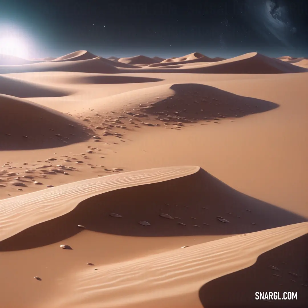 Desert with sand dunes and a planet in the background. Example of #FFDAB9 color.