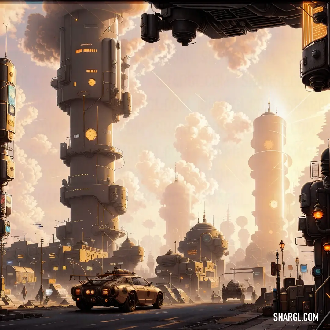 Futuristic city with a lot of smoke coming out of it's stacks of buildings and cars driving down the road