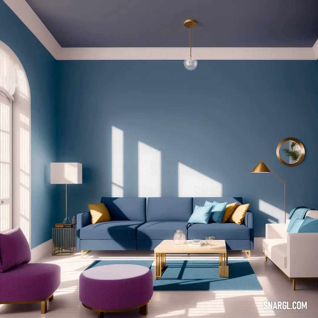 A cozy living room with soft blue walls and matching furniture, where a blue couch and armchairs surround a coffee table. The calm atmosphere makes it the perfect space for relaxation and comfort.