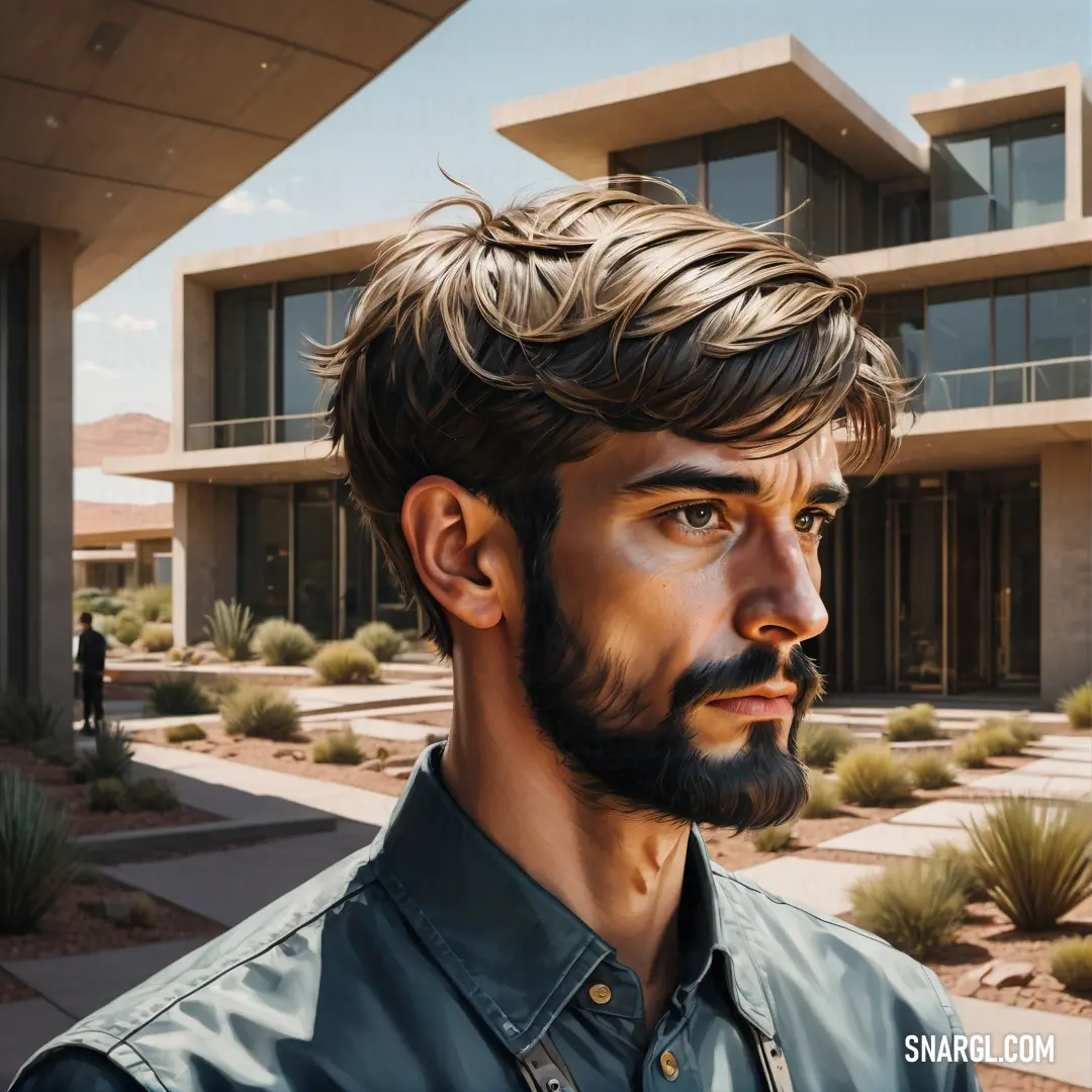 Man with a beard and a beardcut standing in front of a building with a cactus garden in front of it. Color #FFDAB9.