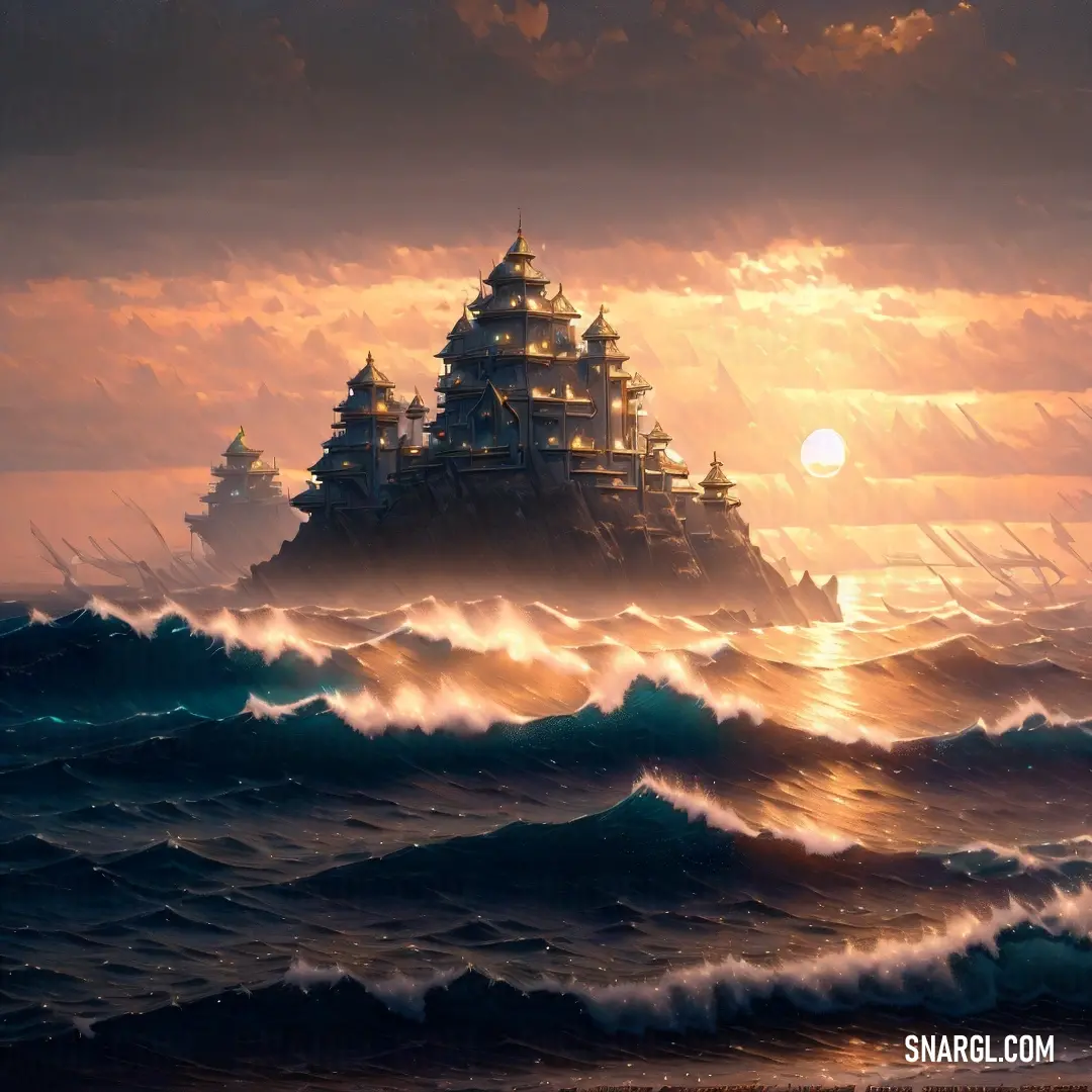 Painting of a castle in the middle of the ocean with waves crashing around it and a boat in the distance