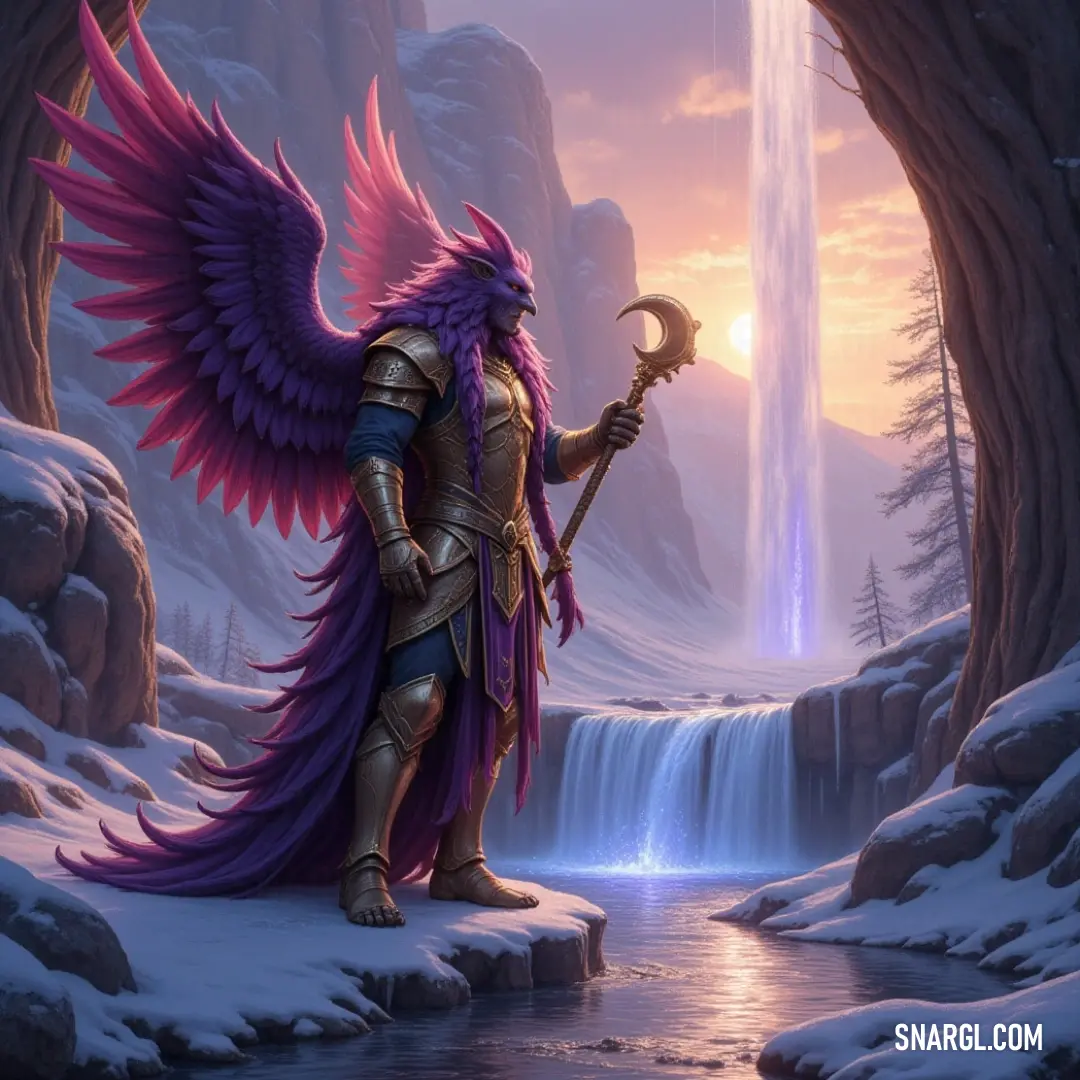 In a mesmerizing landscape, a man wielding a sword stands tall, with a majestic purple bird perched on his arm, all framed by the splendor of cascading waterfalls, creating a dramatic and vibrant scene.