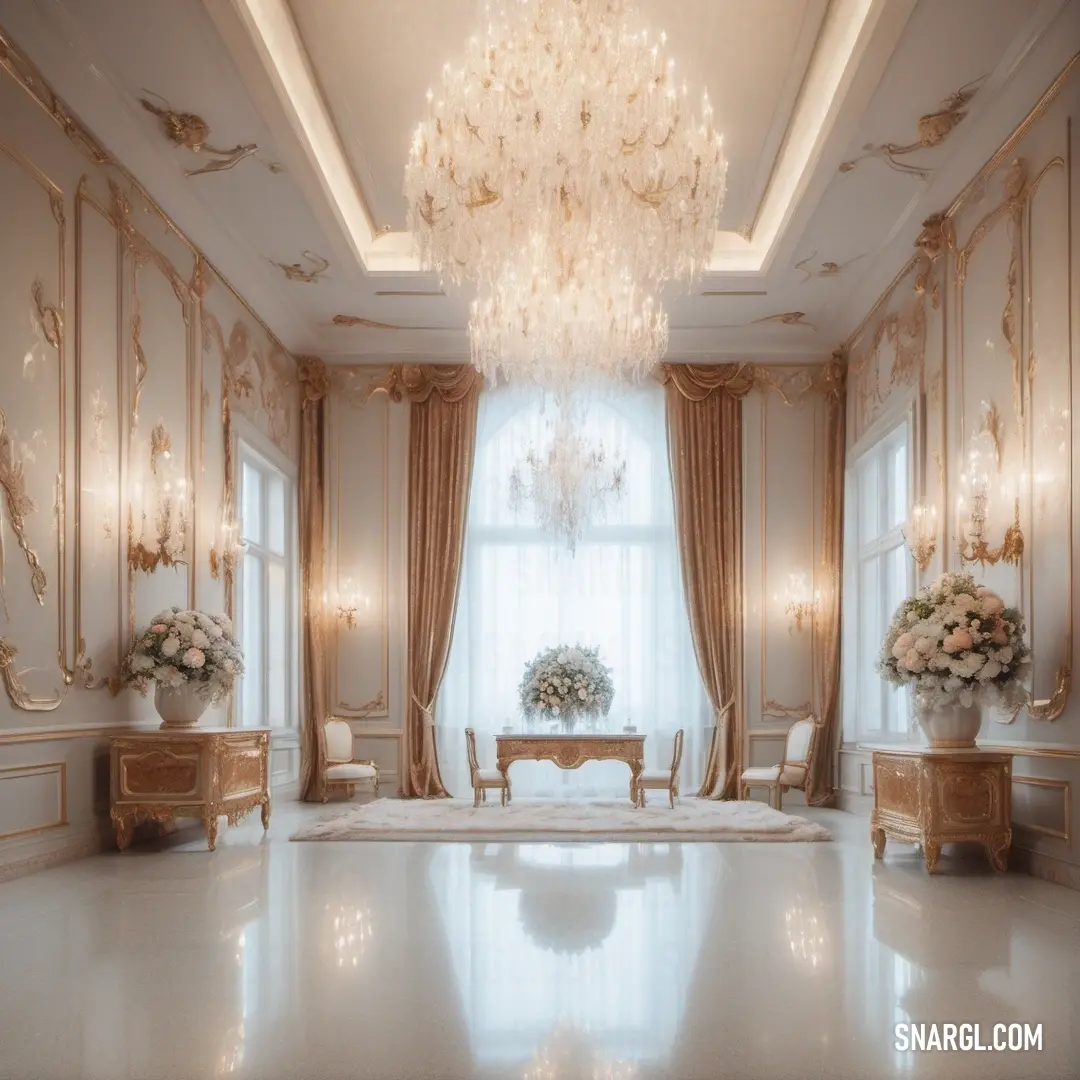Fancy room with a chandelier and a table with flowers in it and a chandelier hanging from the ceiling. Example of Peach puff color.