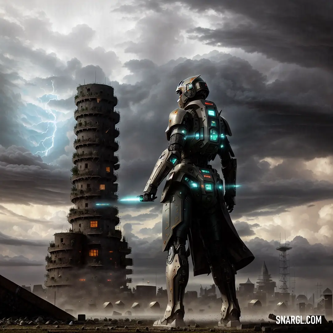 A futuristic man stands tall in front of a towering cityscape, his face illuminated by a mysterious green light. The black-and-white tones of the scene contrast with his presence, creating a sense of mystery and anticipation.