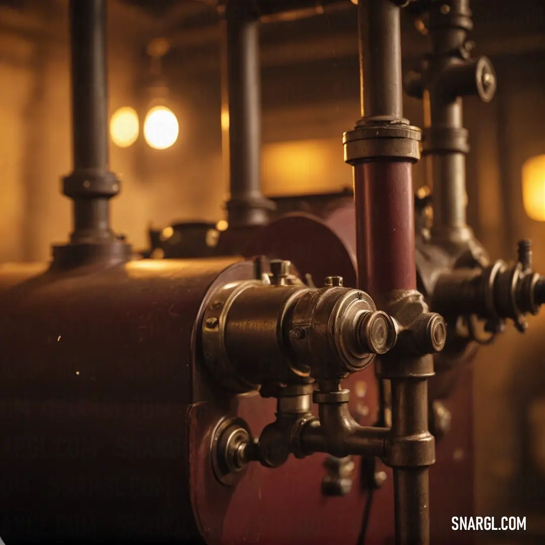 An intricate industrial scene unfolds, showcasing a vast network of pipes and valves intricately engineered within a building, illuminated by ceiling lights revealing a striking red tank, embodying the harmony of function and design.