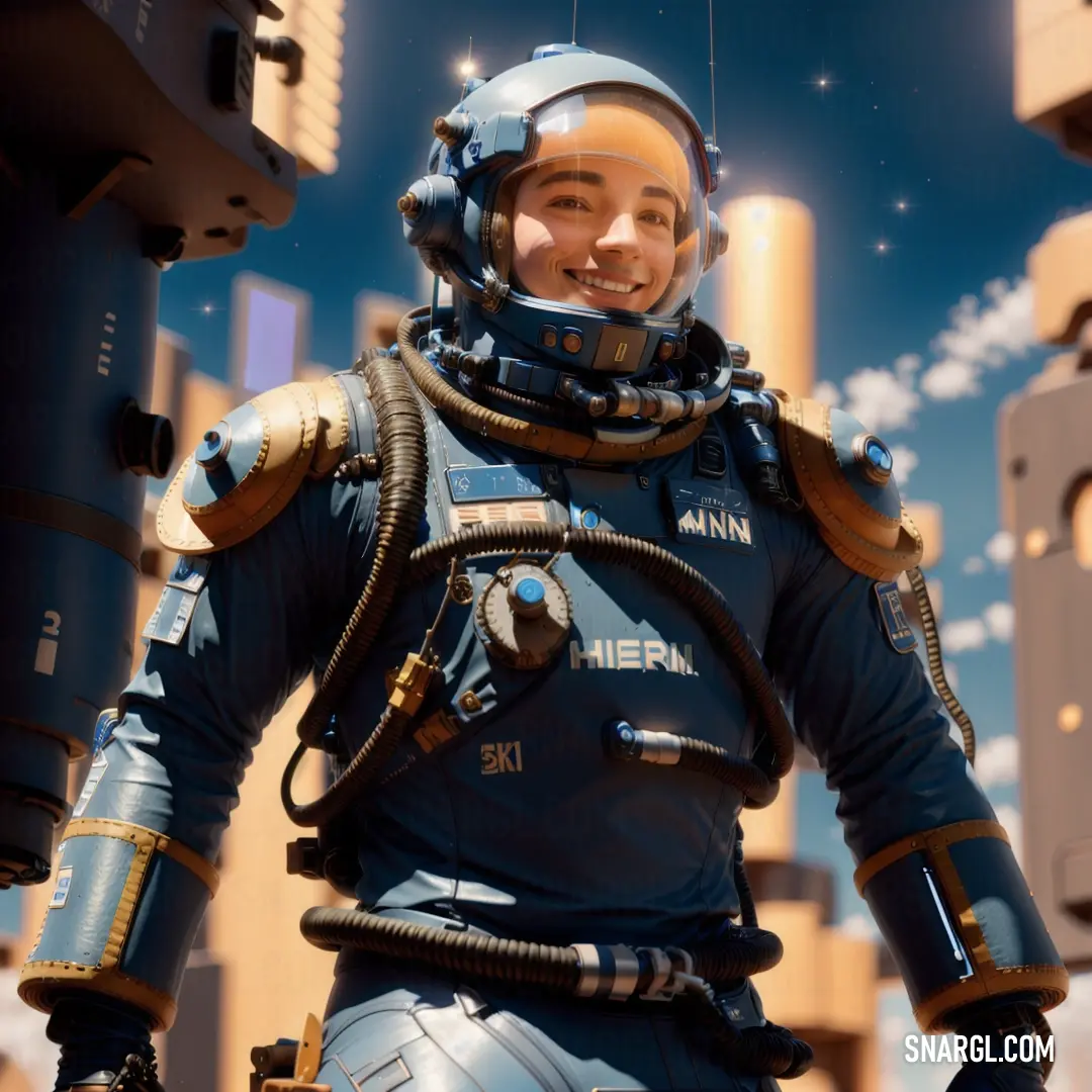 A brave astronaut stands before a futuristic cityscape, with towering skyscrapers and a rocket ready to launch into the cosmos. The scene glows in warm colors, embodying the spirit of exploration and adventure.