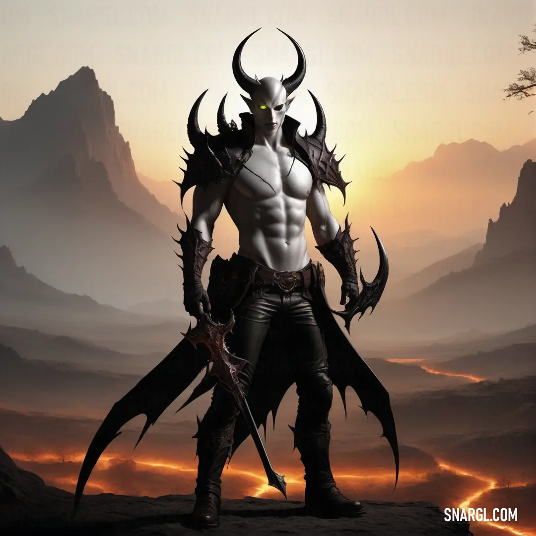 A fierce warrior with horns on his head stands tall in front of a breathtaking mountain range at sunset, holding his sword ready for action. The warm hues of the sunset highlight his powerful silhouette against nature’s grandeur.