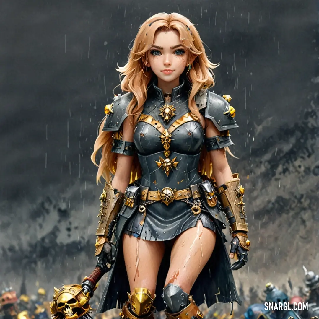 A fierce warrior woman clad in detailed armor wielding a sword, amidst a dynamic battle scene with blurred figures in the background, showcasing strength and bravery in action.