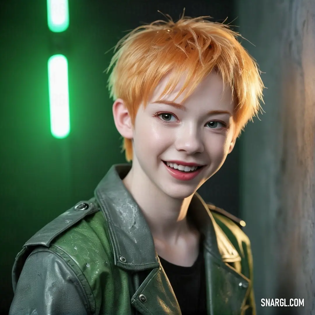 A cheerful young woman with vibrant short red hair flashes a bright smile at the camera, dressed in a stylish green jacket and black shirt, radiating confidence and warmth in her casual attire.