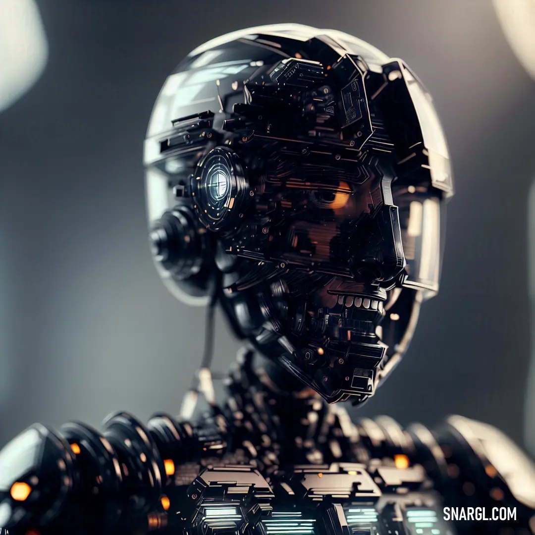 A robot with a sleek, metallic head, its camera-like eye fixed ahead. A glowing light on its chest gives off a soft warmth, while the subtle color palette highlights its futuristic design.