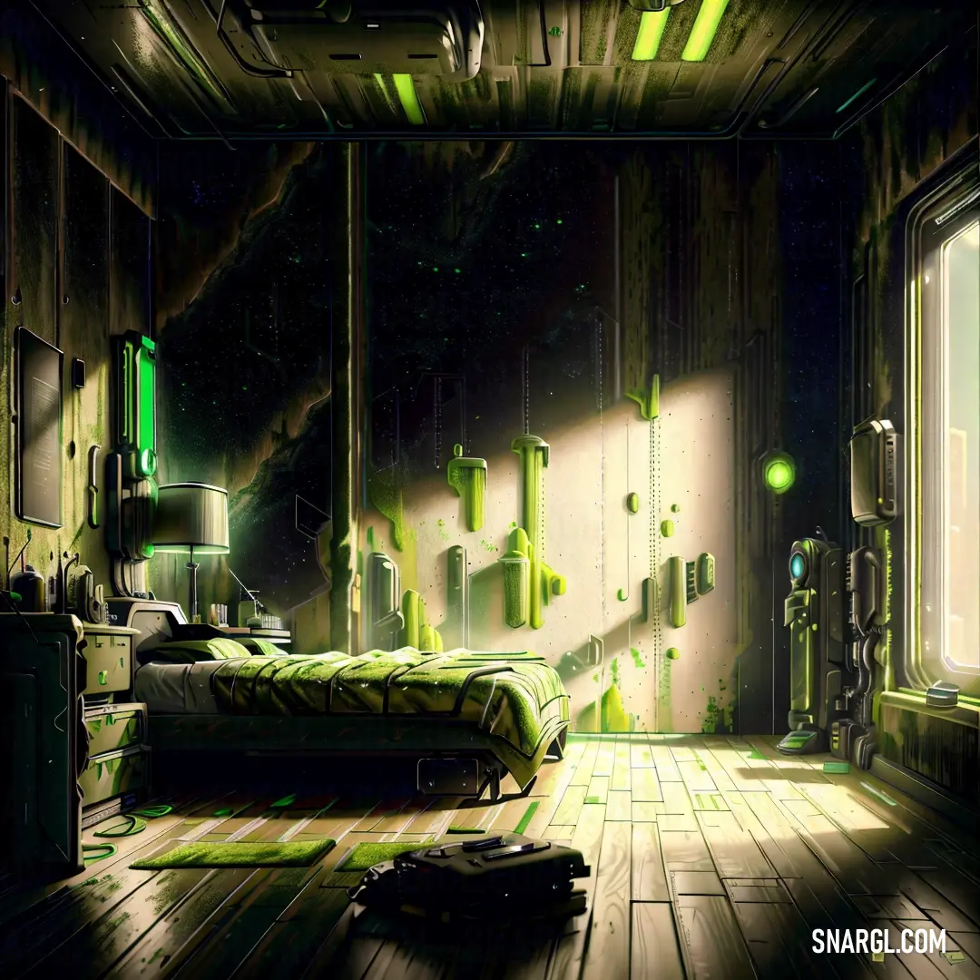 A cozy room filled with soft light, featuring a bed, a suitcase on the floor, and a window where green light gently filters through. The atmosphere exudes tranquility and calm.