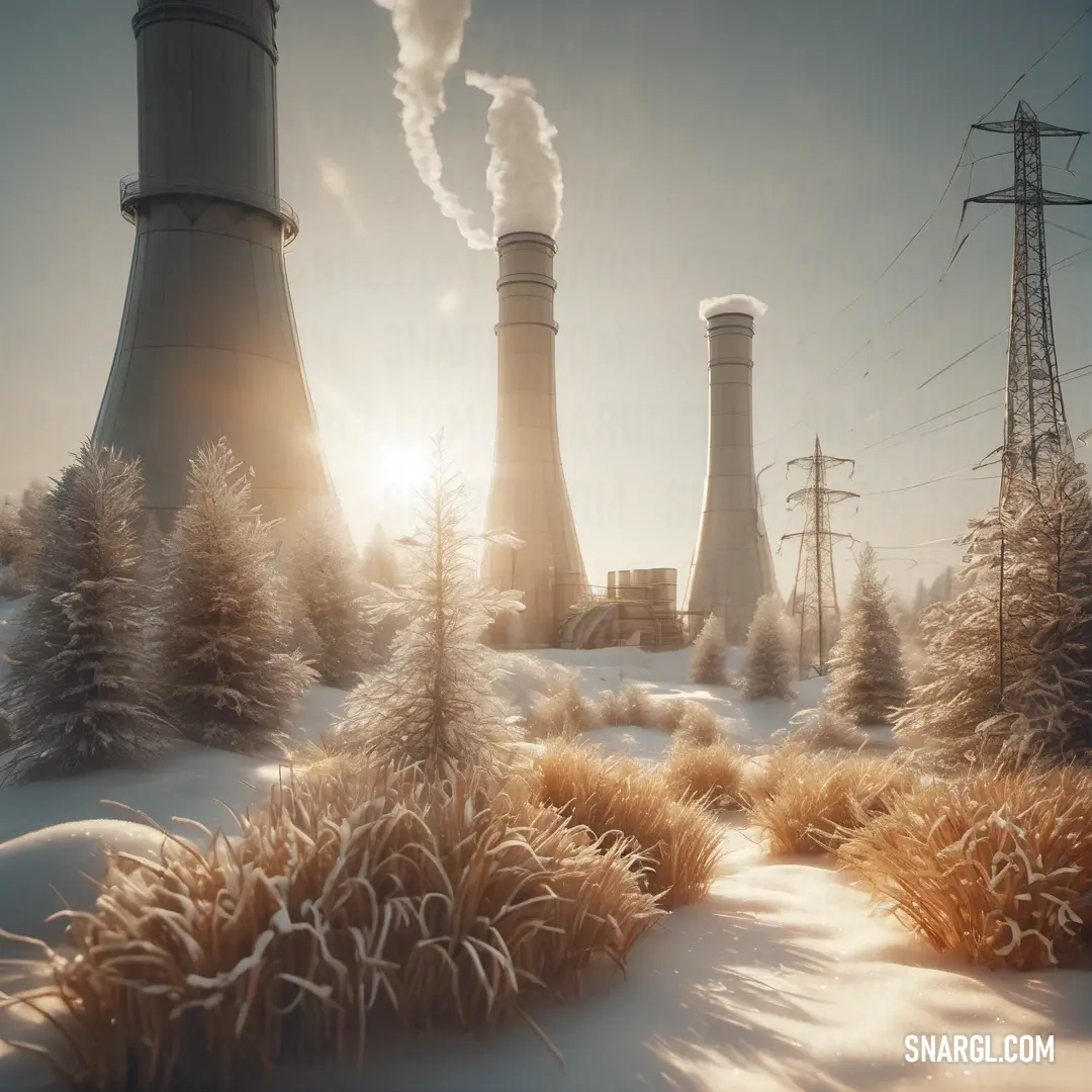 Snowy landscape with power lines and trees in the foreground and a sun shining through the smoke stacks. Example of CMYK 0,15,27,0 color.