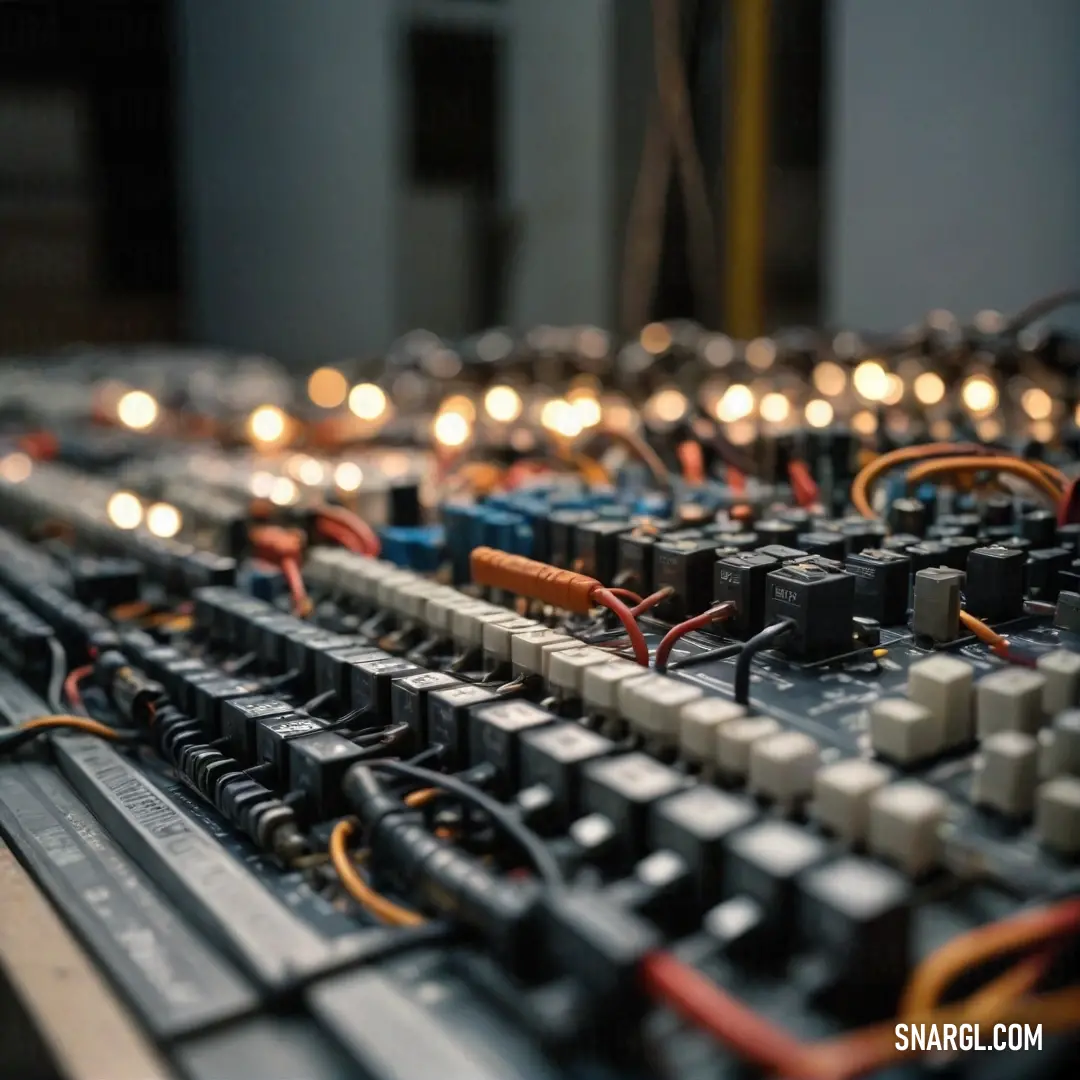 Amidst a dynamic landscape of controls and lights, a sophisticated soundboard emerges, adorned with vibrant lights and wires running smoothly, representing the heart of audio creativity and technological advancement.