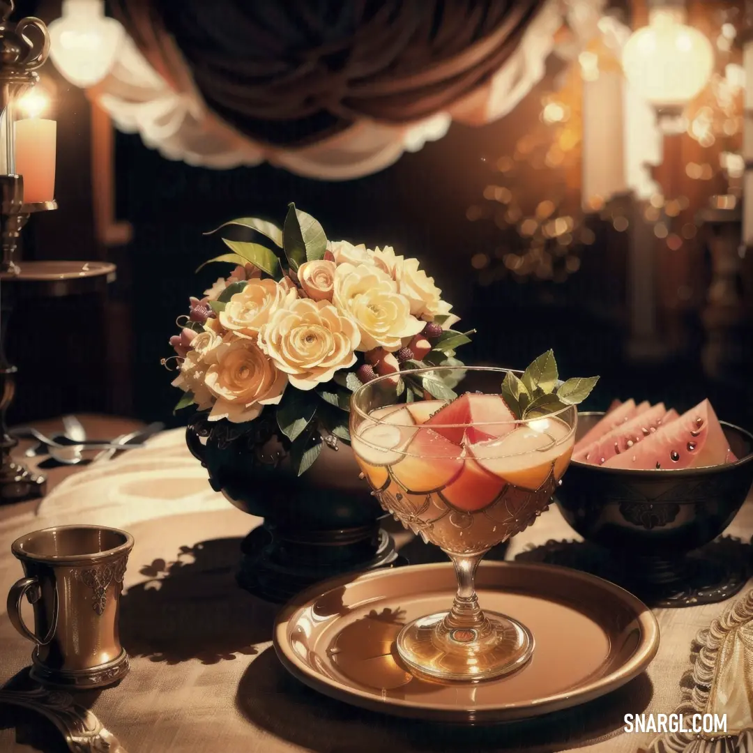 Table with a plate of fruit and flowers on it and a candle on the table next to it