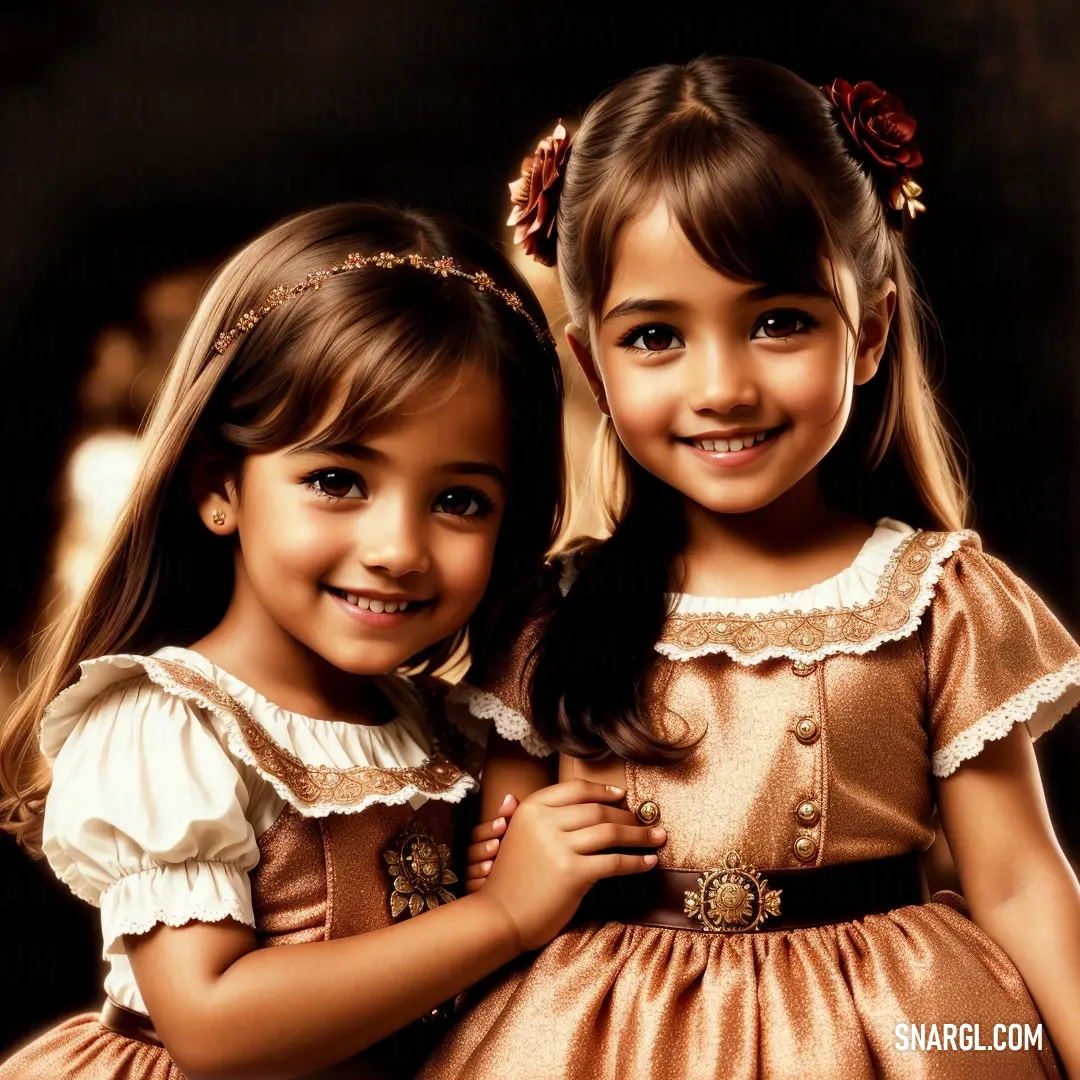 Two little girls are posing for a picture together in dresses and hair clips