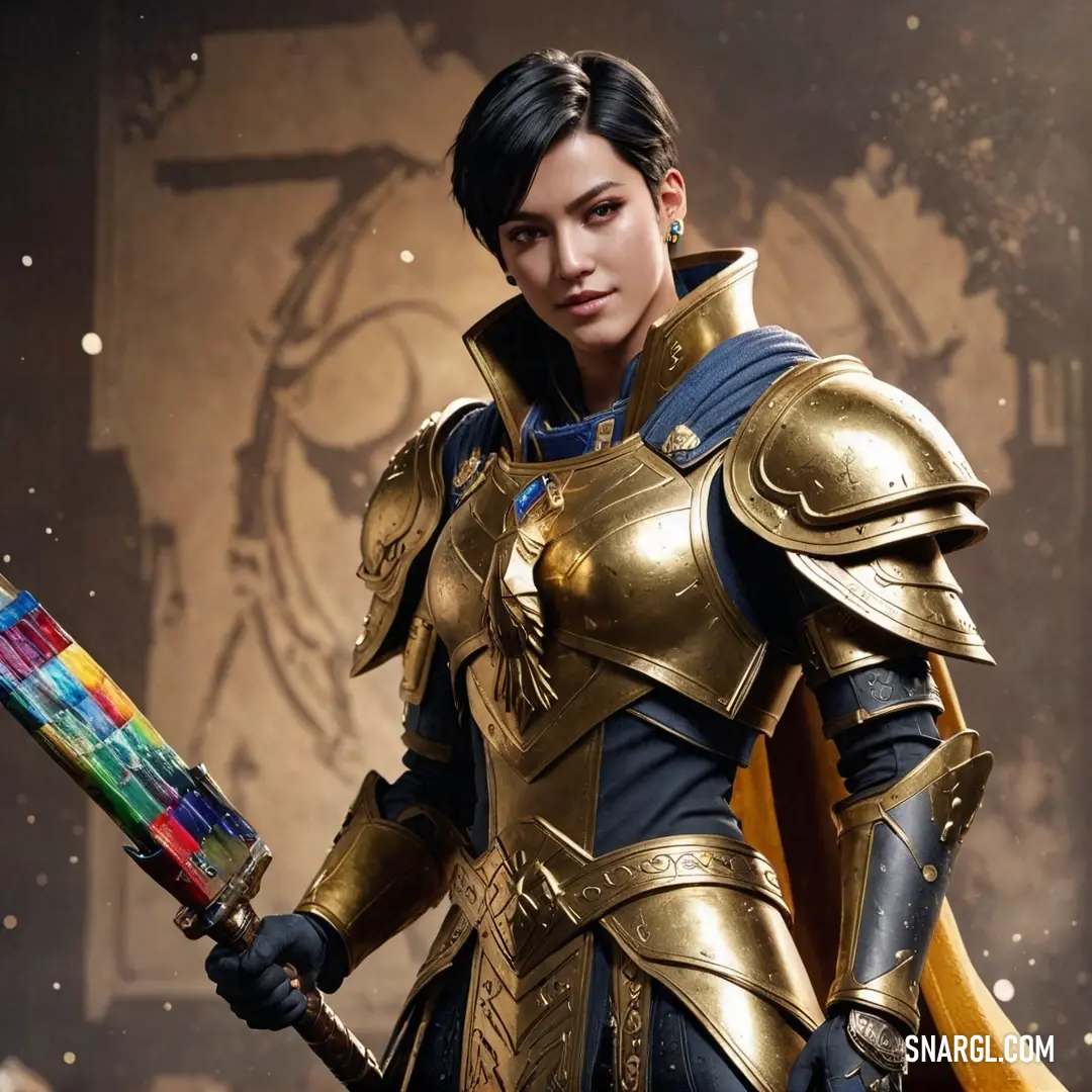 A determined woman in stunning gold armor holds a sword in one hand and a sword case in the other, emanating strength and bravery against a backdrop filled with glowing light and excitement.