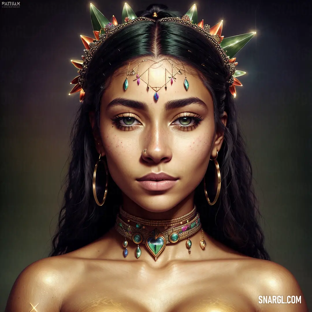 A regal woman, adorned with a crown, necklace, and earrings, stands against a lush green background. Her elegant attire and poised posture radiate royalty and grace.