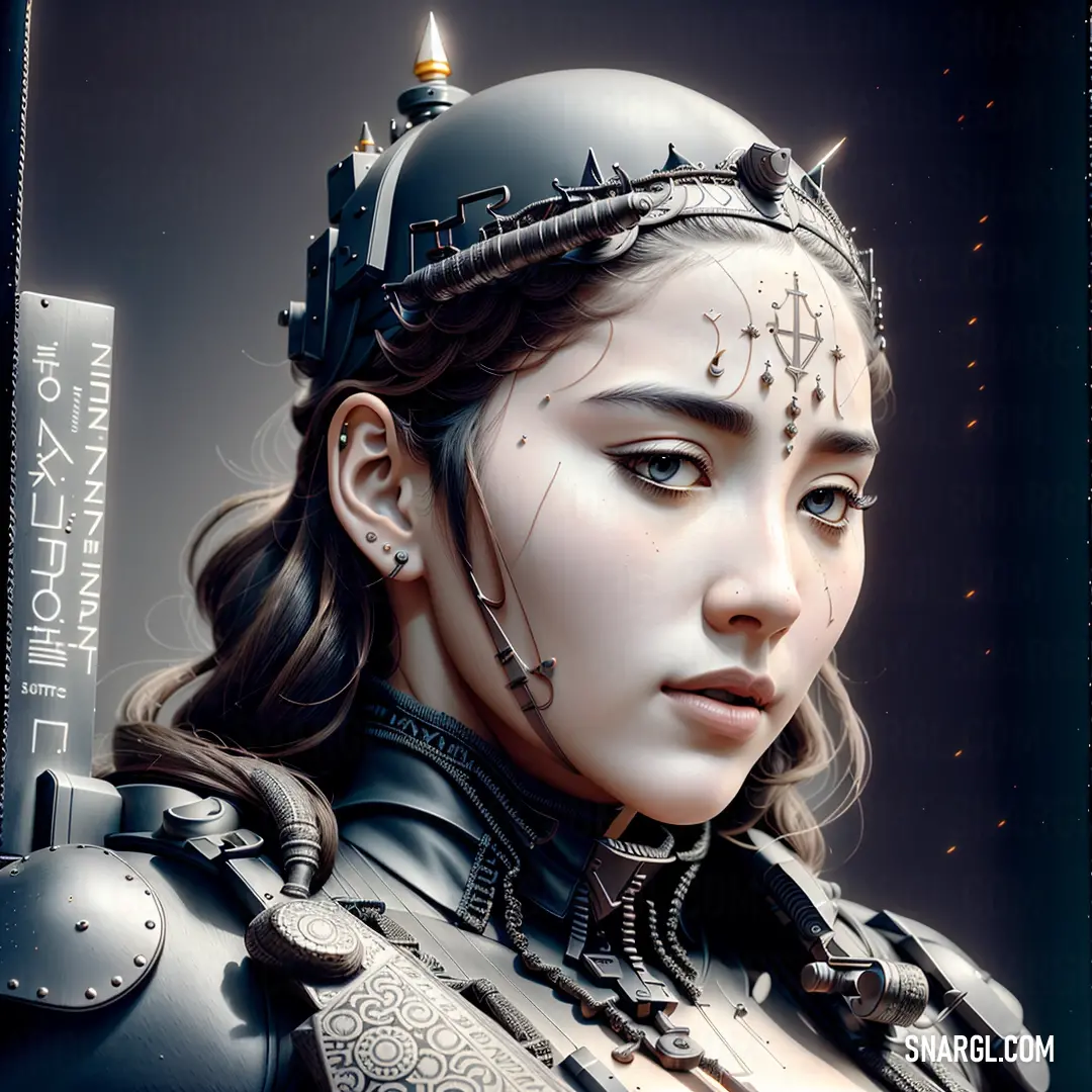 A powerful woman stands confidently, a sword in one hand and a regal crown atop her head. The dark background highlights her bold presence, with the soft peach hues of her skin contrasting against the intense shadows.