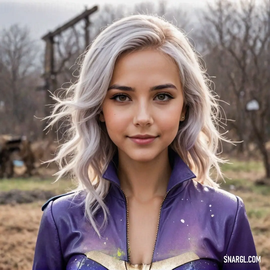 A vibrant woman with flowing blonde hair and a rich purple shirt poses in a sunlit field, a graceful crane soaring in the background. The warm colors of the scene create a harmonious blend of nature and personality.