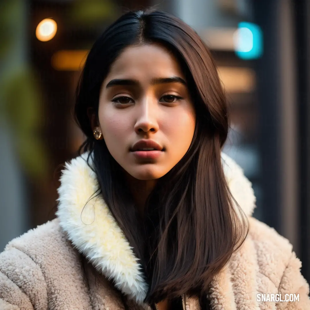 Woman with long hair wearing a coat and a fur collar looking at the camera with a serious look on her face