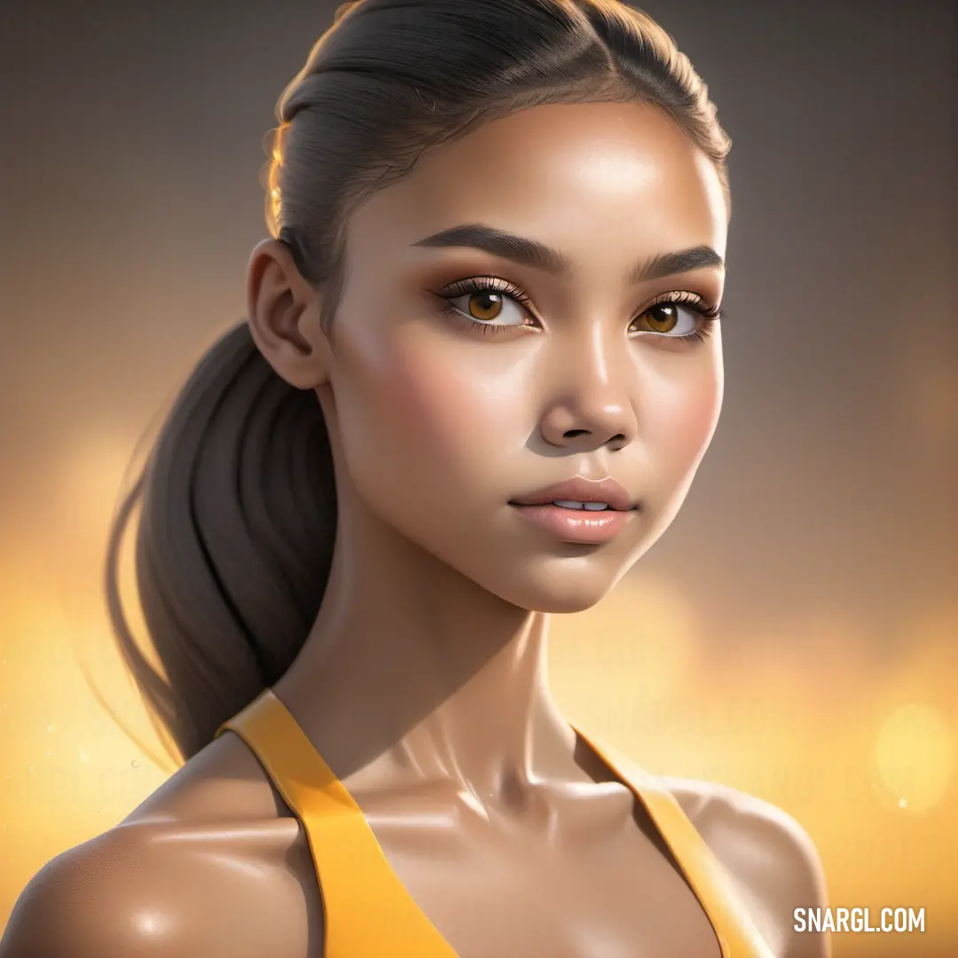 Digital painting of a woman with a ponytail and a yellow top on her head