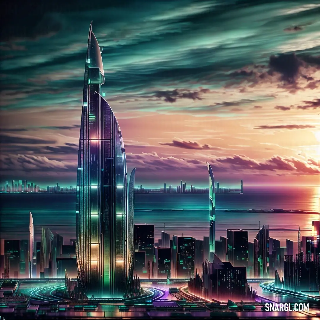 Futuristic city with a futuristic skyscraper at sunset or dawn with a city skyline in the background and a glowing light