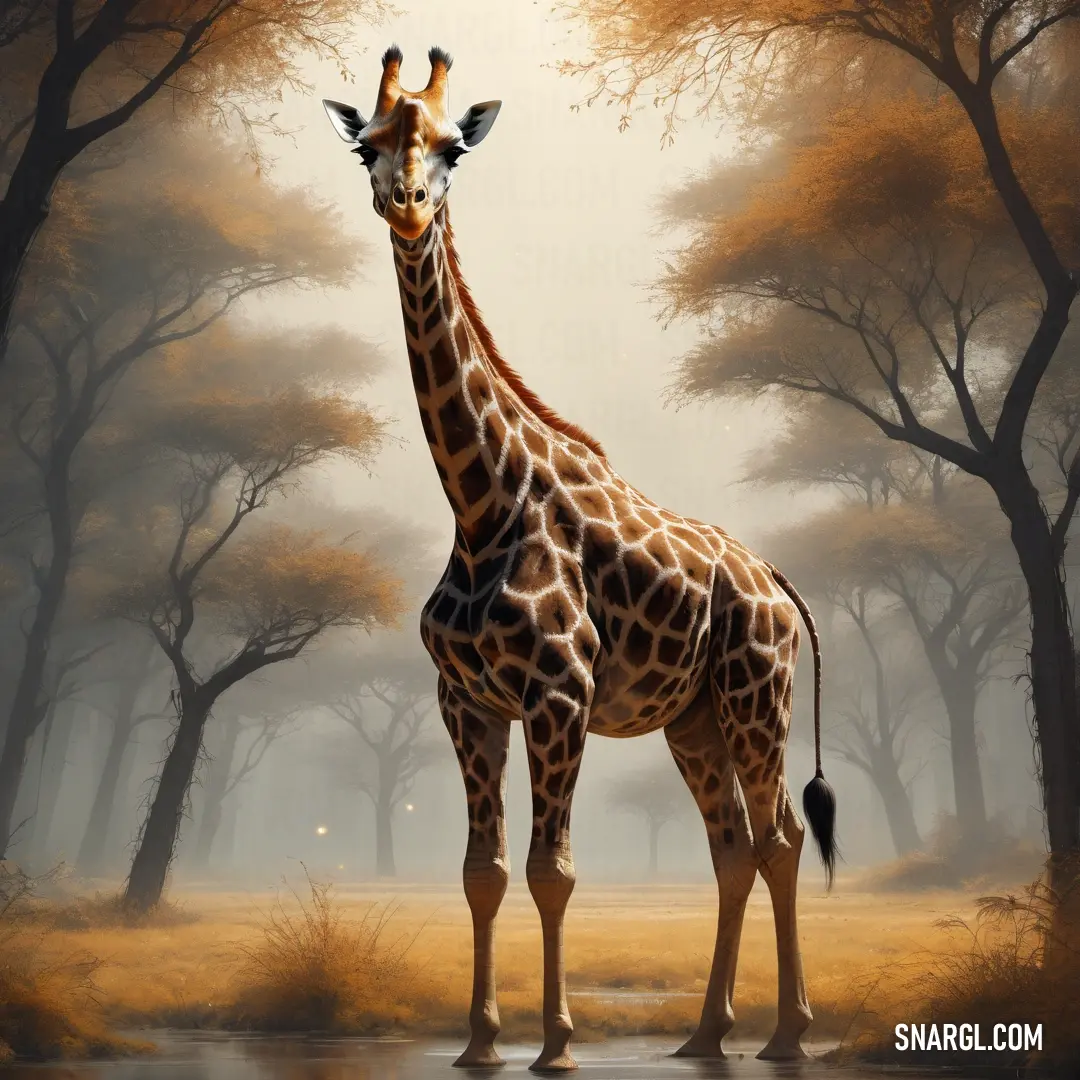 Giraffe standing in a forest with trees in the background and a light shining on the giraffe