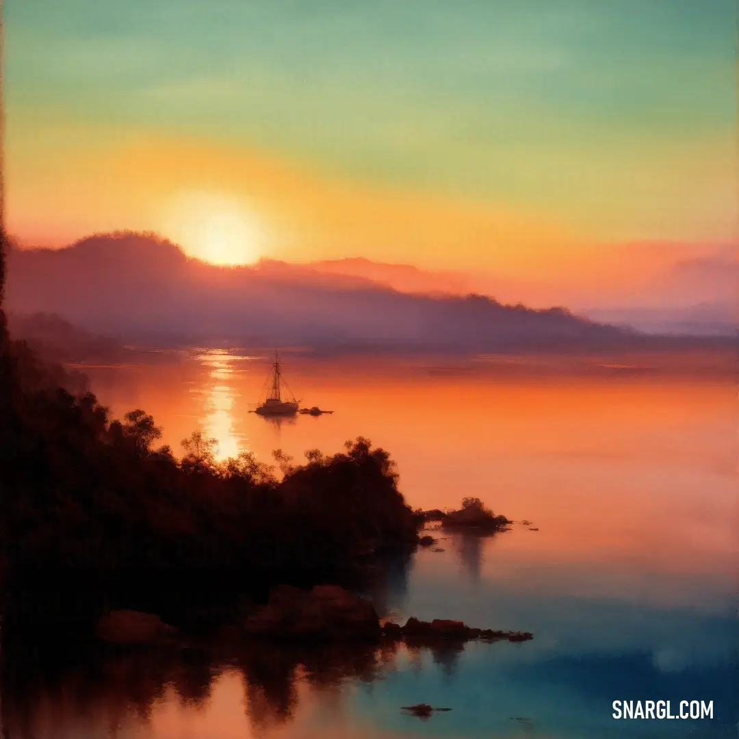 Painting of a boat on a lake at sunset with a mountain in the background