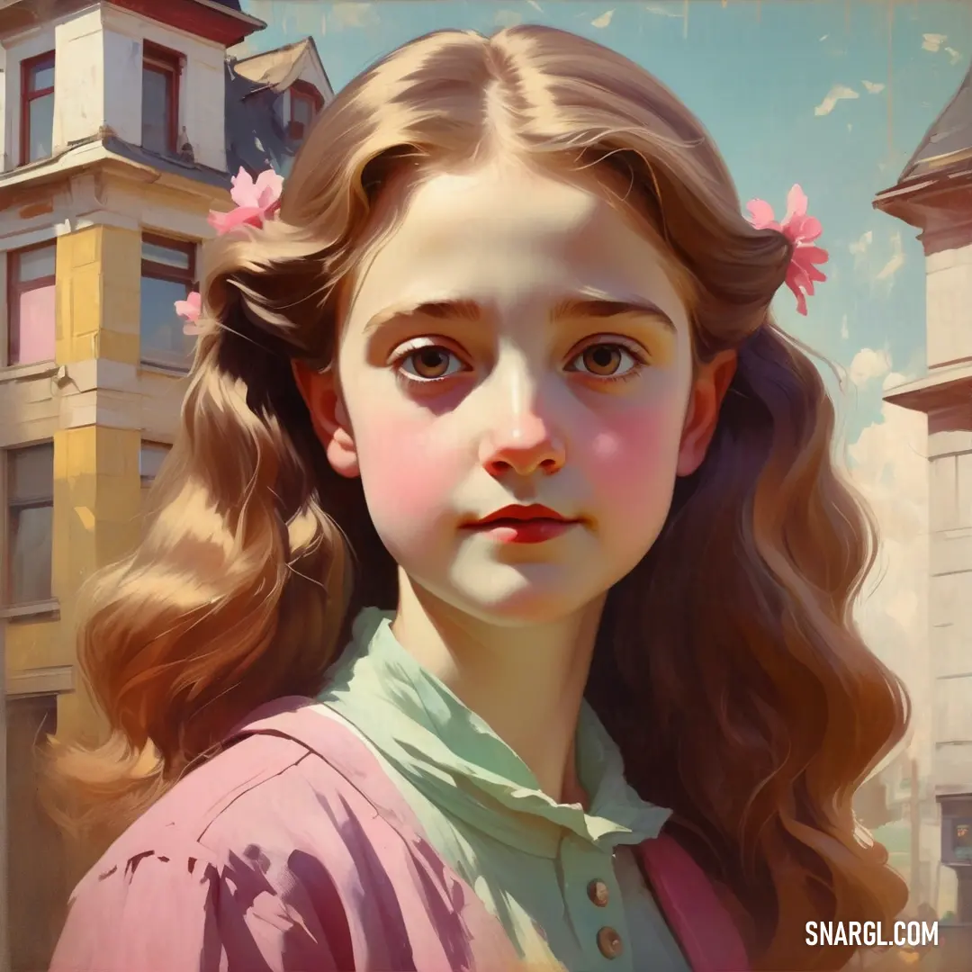 Painting of a girl with long hair and a pink shirt on. Example of CMYK 0,10,29,0 color.