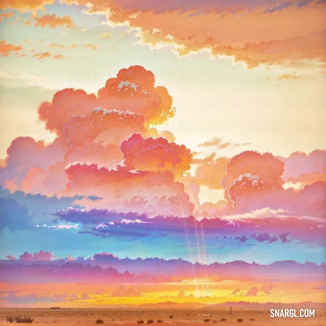 Painting of a sunset with clouds and a horse in the foreground and a person walking on the other side