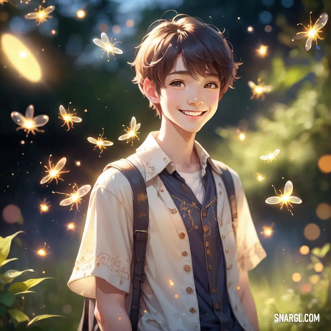 Boy with a backpack and butterflies in the background. Color CMYK 0,10,29,0.