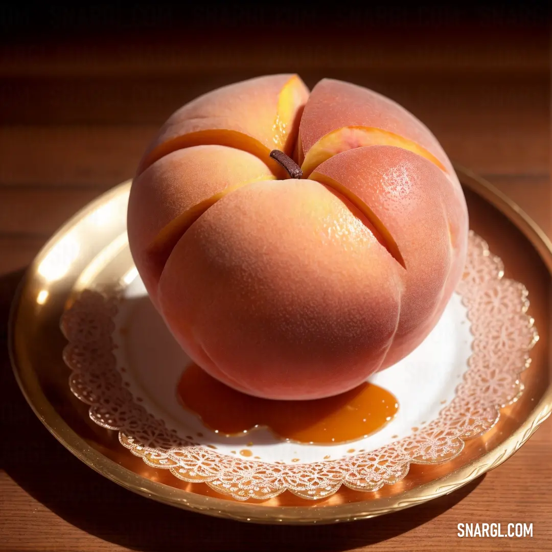 Plate with a sliced peach on it on a table with a wooden table top