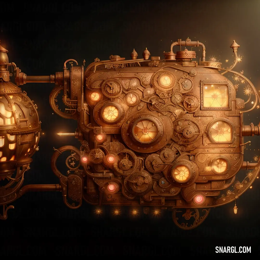 Steampunky clock with glowing gears and lights on it's face and a black background