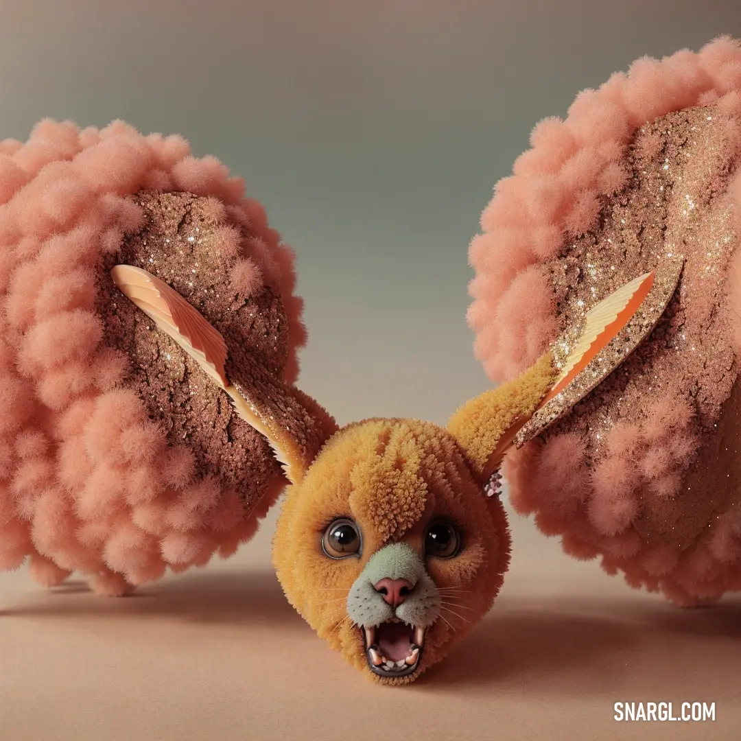 Stuffed animal with a fuzzy pink ball of yarn around it's ears
