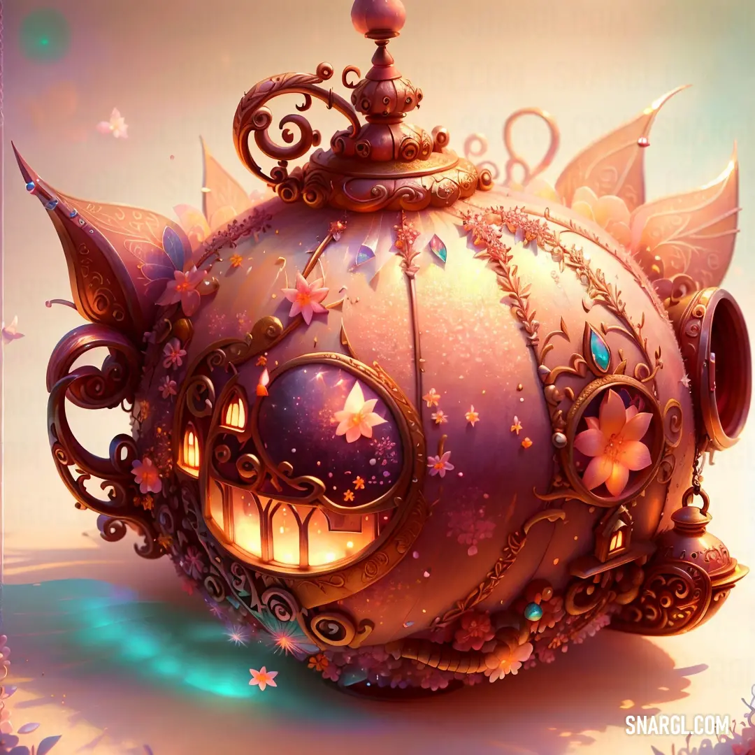 Teapot shaped like a fairy house with a light inside of it and flowers on the outside of it