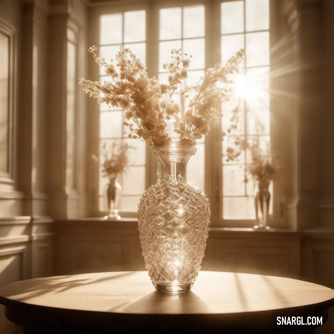 Vase with flowers on a table in front of a window with sunlight streaming through it and a table with a vase on it