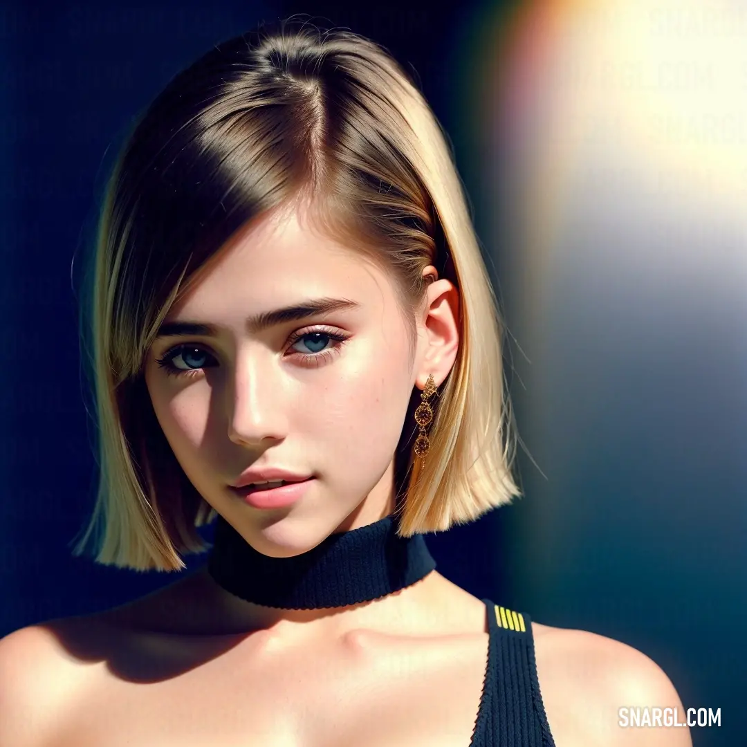 Woman with a choker and a black top is posing for a picture with a light shining on her