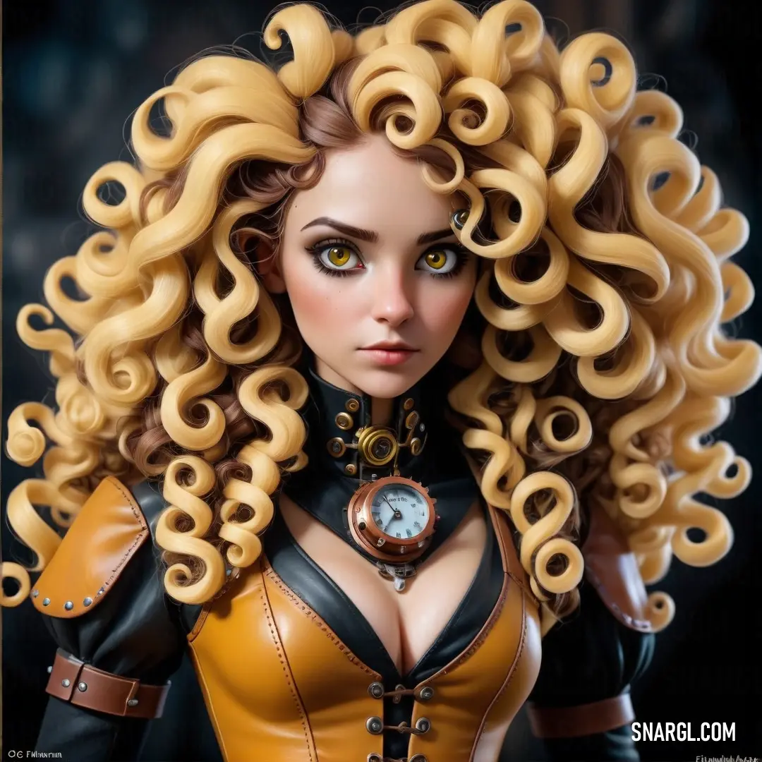 Woman with curly hair and a clock on her chest is wearing a leather outfit and a necklace with spirals