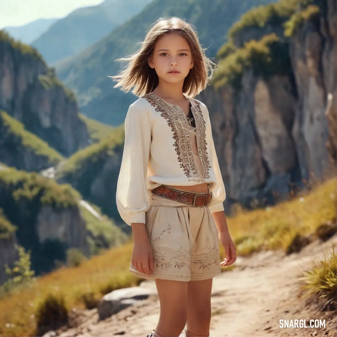 Young girl standing on a dirt road in front of mountains and a valley. Color RGB 255,229,180.