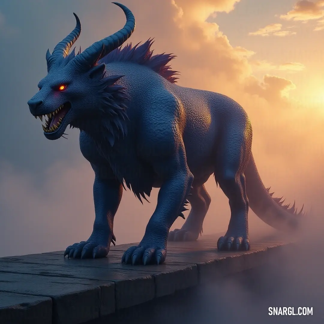 A blue monster with large, formidable horns emerges from a swirling fog, standing atop a fog-covered platform, bathed in ethereal sunlight that creates an ominous yet mesmerizing scene.