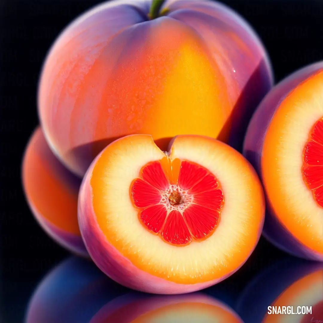 Close up of a fruit with a slice cut out of it's center and a whole fruit in the background