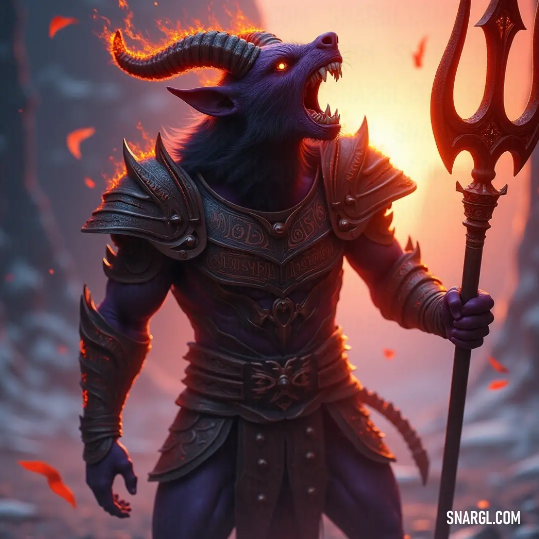 A formidable demon with majestic horns wields a staff, standing powerfully in a cave illuminated by fierce flames that flicker, creating an atmosphere charged with mystery and ancient power.