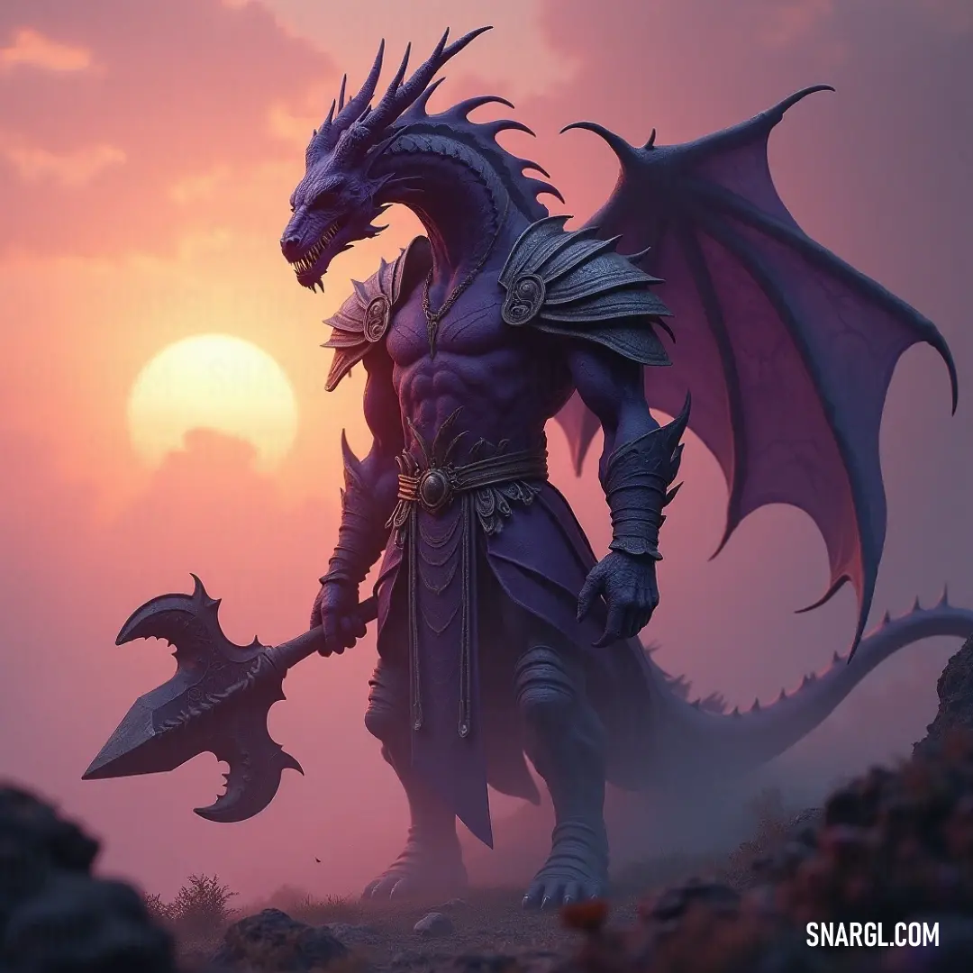 A fierce dragon brandishes a sword, standing resolutely amidst swirling fog, with a soft sun illuminating the scene from behind. Its powerful stance and ethereal surroundings create a captivating atmosphere of mystery and strength.